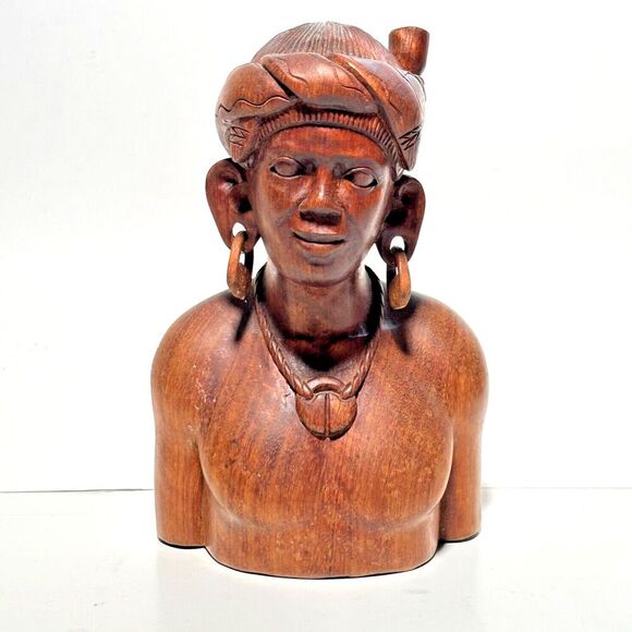Vintage Hand-Carved Wooden Bust – Igorot Tribe – Philippines Artisan Sculpture – - Picture 1 of 9